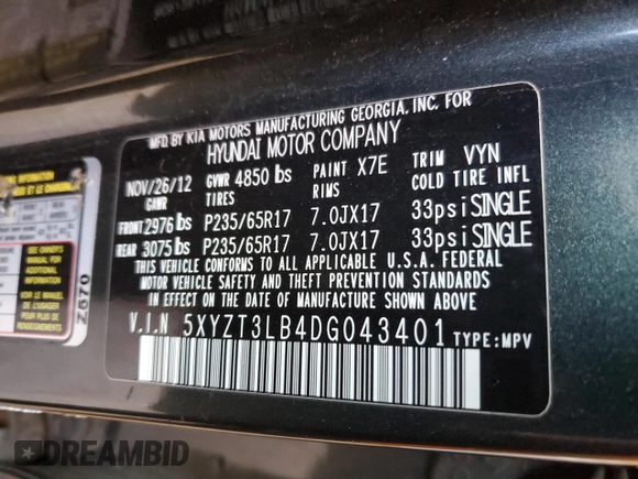 2013 Hyundai Santa Fe Sport z VIN 5XYZT3LB4DG043401, wystawiony jako Copart lot #57334645 z przebiegiem 117 985 mil mil oraz Czysty tytuł • Clean title. Historia ofert i sprzedaży dostępna na DreamBid. Obrazek 13.