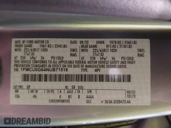 2022 Ford Escape SE с VIN 1FMCU0G64NUB71518, выставлен на аукционе IAAI как лот 42196475 с пробегом 9 389 миль миль и . История ставок и продаж доступна на DreamBid. Изображение 9.