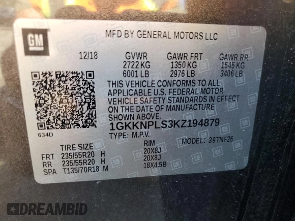 2019 GMC Acadia Denali with VIN 1GKKNPLS3KZ194879, listed as a Copart auction lot 49038425 with 161,885 mi miles and Salvage title. Bid and sale history available at DreamBid. Image 15.