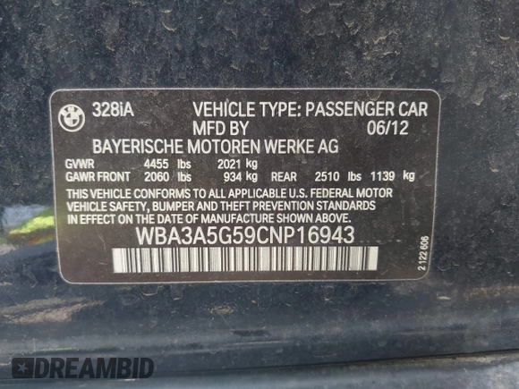 2012 BMW 3 Series 328i with VIN WBA3A5G59CNP16943, listed as a IAAI auction lot 42272421 with 195,089 mi miles and . Bid and sale history available at DreamBid. Image 9.