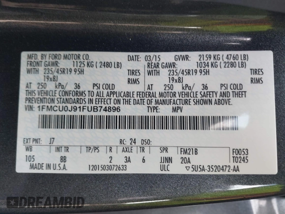 2015 Ford Escape Titanium with VIN 1FMCU0J91FUB74896, listed as a IAAI auction lot 41919609 with 135,363 mi miles. Bid and sale history available at carsss.com. Image 9.