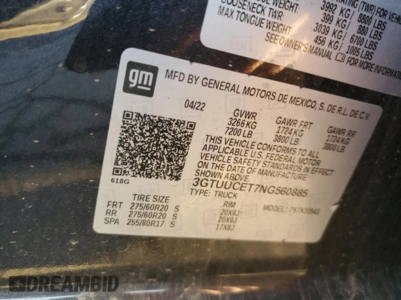 2022 GMC Sierra 1500 Elevation z VIN 3GTUUCET7NG560885, wystawiony jako Copart lot #79441394 z przebiegiem 43 742 mil mil oraz Szkoda całkowita • Salvage title. Historia ofert i sprzedaży dostępna na DreamBid. Obrazek 12.