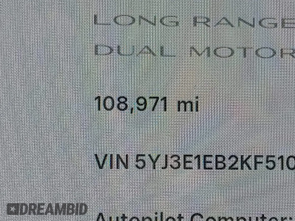 2019 Tesla Model 3 Long Range with VIN 5YJ3E1EB2KF510398, listed as a IAAI auction lot 42067654 with 108,971 mi miles and . Bid and sale history available at DreamBid. Image 14.