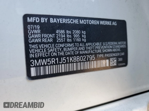 2019 BMW 3 Series 330i with VIN 3MW5R1J51K8B02795, listed as a Copart auction lot 88253725 with 47,945 mi miles and Salvage Title. Bid and sale history available at carsss.com. Image 13.