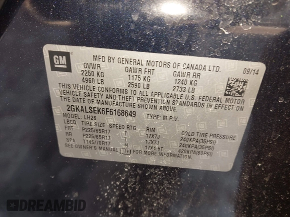 2015 GMC Terrain SLT with VIN 2GKALSEK6F6168649, listed as a IAAI auction lot 41646782 with 153,113 mi miles. Bid and sale history available at carsss.com. Image 9.