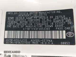 2015 Toyota Camry XLE with VIN 4T1BF1FK9FU052360, listed as a IAAI auction lot 42180783 with 119,079 mi miles and . Bid and sale history available at DreamBid. Image 9.