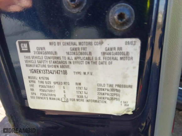 2004 Chevrolet Tahoe LT with VIN 1GNEK13T34J147108, listed as a IAAI auction lot 41681752 with 175,522 mi miles. Bid and sale history available at carsss.com. Image 9.