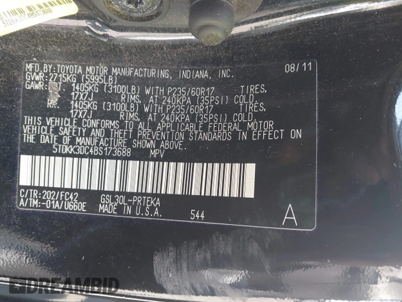 2011 Toyota Sienna LE AAS with VIN 5TDKK3DC4BS173688, listed as a IAAI auction lot 42106211 with 282,301 mi miles. Bid and sale history available at carsss.com. Image 9.