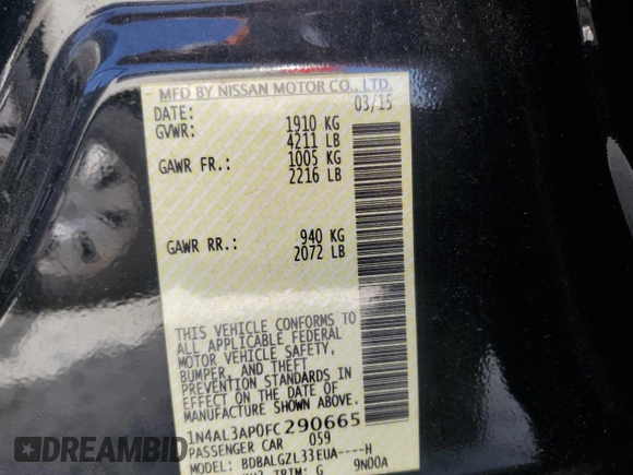 2015 Nissan Altima SV with VIN 1N4AL3AP0FC290665, listed as a Copart auction lot 47633015 with 160,569 mi miles and Salvage Title. Bid and sale history available at DreamBid. Image 12.