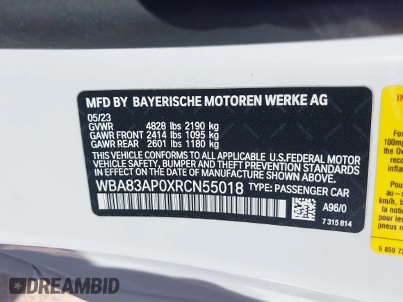 2024 BMW 4 Series M440i with VIN WBA83AP0XRCN55018, listed as a IAAI auction lot 41688648 with 19,199 mi miles. Bid and sale history available at carsss.com. Image 9.
