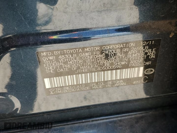 2013 Lexus GS 350 with VIN JTHBE1BL4D5000596, listed as a Copart auction lot 60335174 with 124,485 mi miles and Salvage Title. Bid and sale history available at carsss.com. Image 13.