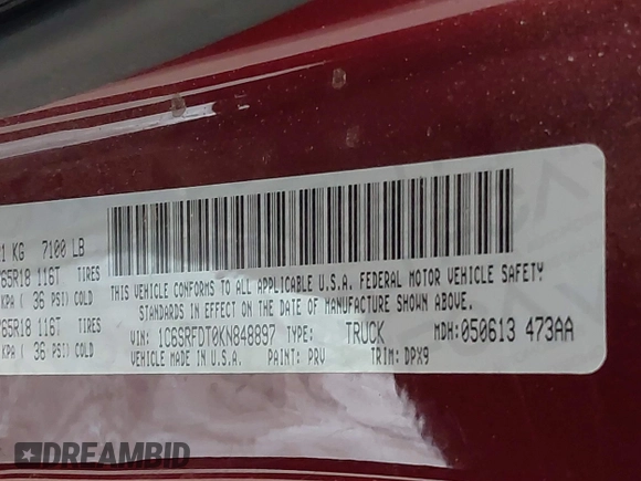 2019 Ram 1500 Laramie with VIN 1C6SRFDT0KN848897, listed as a IAAI auction lot 41993489 with 26,936 mi miles. Bid and sale history available at carsss.com. Image 9.