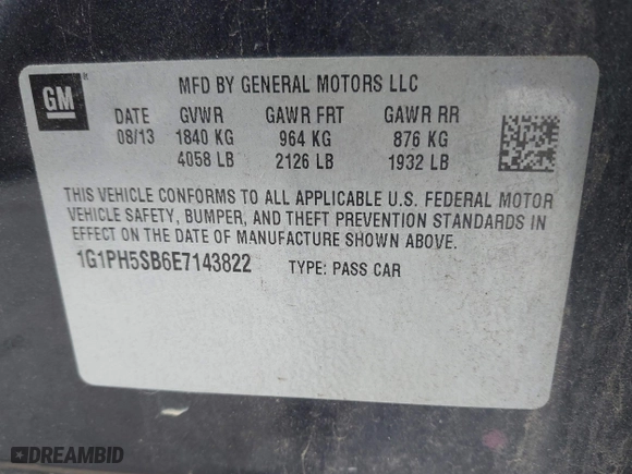 2014 Chevrolet Cruze ECO with VIN 1G1PH5SB6E7143822, listed as a IAAI auction lot 41928620 with 162,580 mi miles. Bid and sale history available at carsss.com. Image 9.