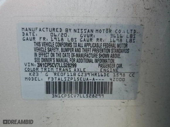 2020 Nissan Kicks SV with VIN 3N1CP5CV7LL528299, listed as a Copart auction lot 47652945 with 97,603 mi miles and Salvage Title. Bid and sale history available at carsss.com. Image 13.