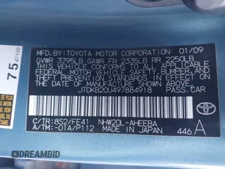 2009 Toyota Prius with VIN JTDKB20U497884918, listed as a IAAI auction lot 41228594 with 229,322 mi miles. Bid and sale history available at carsss.com. Image 9.