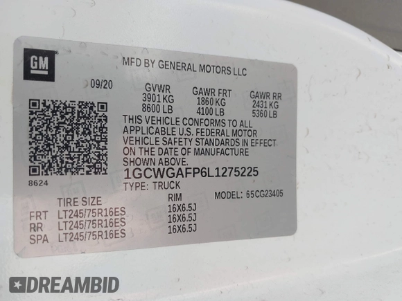 2020 Chevrolet Express Cargo with VIN 1GCWGAFP6L1275225, listed as a IAAI auction lot 41801450 with 122,683 mi miles and . Bid and sale history available at DreamBid. Image 9.