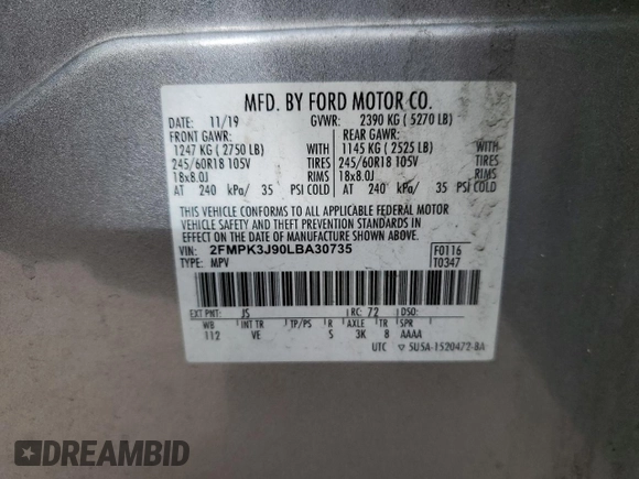 2020 Ford Edge SEL with VIN 2FMPK3J90LBA30735, listed as a Copart auction lot 55888775 with 88,750 mi miles and Salvage title. Bid and sale history available at DreamBid. Image 12.