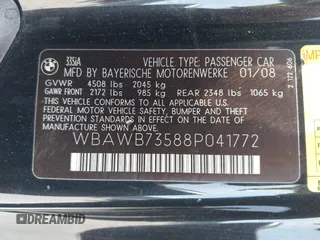2008 BMW 3 Series 335i with VIN WBAWB73588P041772, listed as a IAAI auction lot 42277136 with 188,081 mi miles and . Bid and sale history available at DreamBid. Image 9.