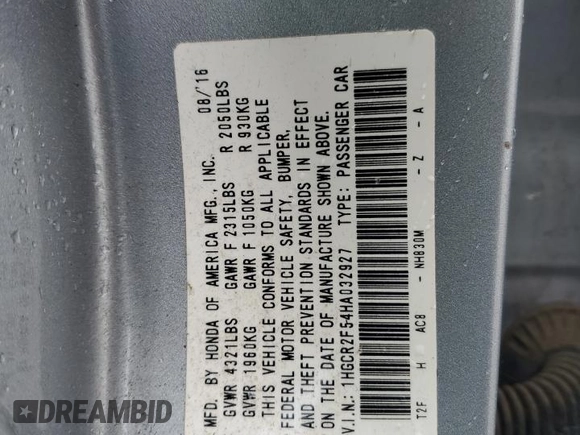 2017 Honda Accord Sedan Sport with VIN 1HGCR2F54HA032927, listed as a Copart auction lot 54813265 with 90,296 mi miles and Salvage Title. Bid and sale history available at carsss.com. Image 12.
