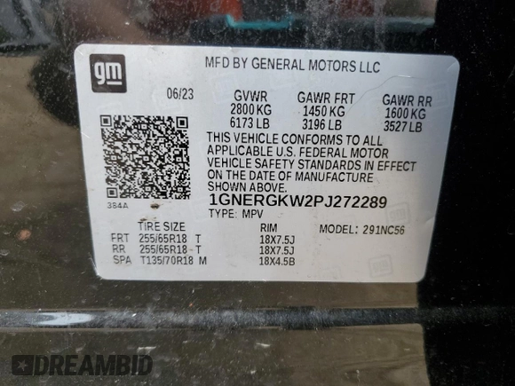 2023 Chevrolet Traverse LT Cloth with VIN 1GNERGKW2PJ272289, listed as a Copart auction lot 54652595 with 33,416 mi miles and Non repairable. Bid and sale history available at DreamBid. Image 13.