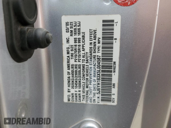 2005 Honda Element LX with VIN 5J6YH183X5L004587, listed as a Copart auction lot 51004475 with Not Provided miles and Salvage Title. Bid and sale history available at DreamBid. Image 13.