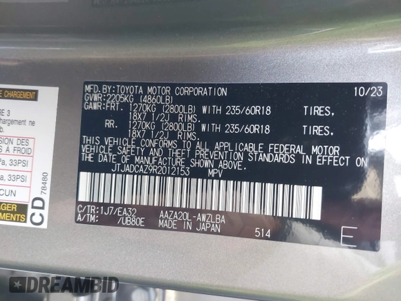 2024 Lexus NX 250 with VIN JTJADCAZ9R2012153, listed as a IAAI auction lot 41223362 with 10,031 mi miles and . Bid and sale history available at DreamBid. Image 9.