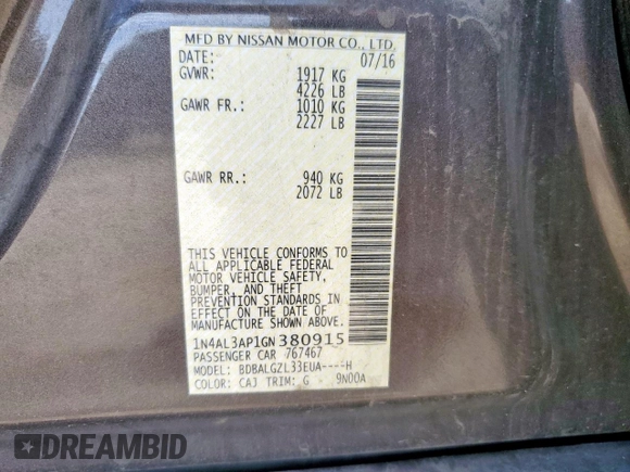 2016 Nissan Altima S z VIN 1N4AL3AP1GN380915, wystawiony jako Copart lot #60445205 z przebiegiem 87 033 mil mil oraz Szkoda całkowita • Salvage title. Historia ofert i sprzedaży dostępna na DreamBid. Obrazek 12.