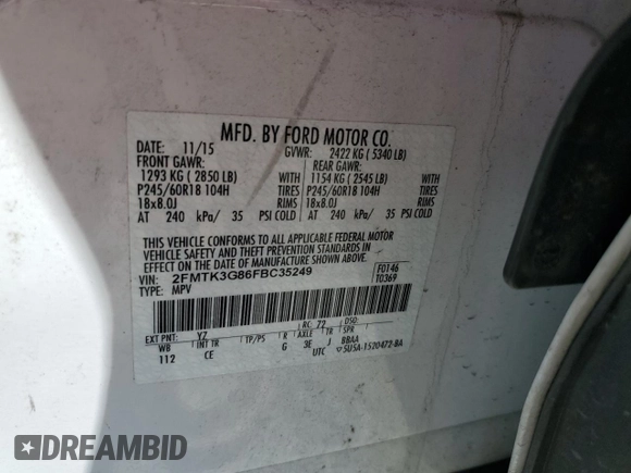 2015 Ford Edge SE z VIN 2FMTK3G86FBC35249, wystawiony jako Copart lot #56410795 z przebiegiem 107 974 mil mil oraz Szkoda całkowita • Salvage title. Historia ofert i sprzedaży dostępna na DreamBid. Obrazek 14.