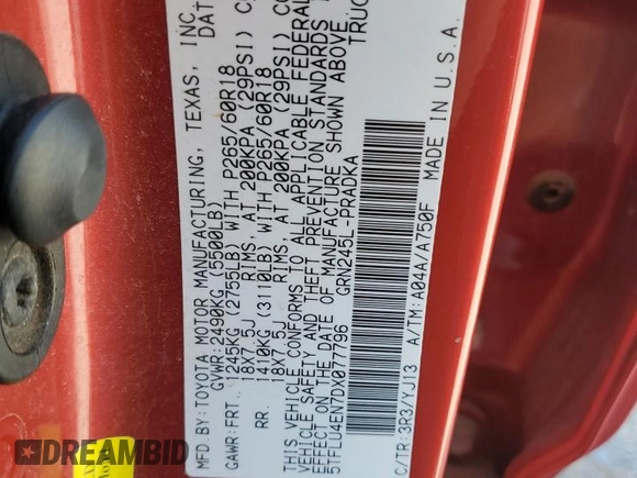 2013 Toyota Tacoma with VIN 5TFLU4EN7DX077796, listed as a Copart auction lot 51986905 with 163,225 mi miles and Salvage Title. Bid and sale history available at DreamBid. Image 12.