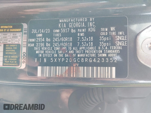 2024 Kia Telluride LX z VIN 5XYP2DGC8RG423352, wystawiony jako IAAI lot #41194764 z przebiegiem Nie podano mil oraz . Historia ofert i sprzedaży dostępna na DreamBid. Obrazek 9.