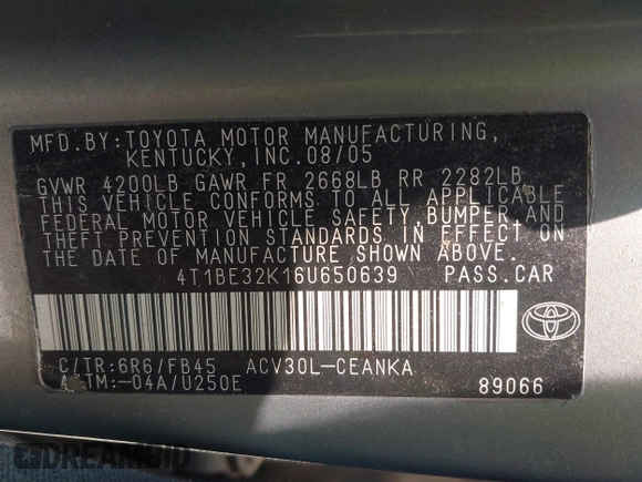 2006 Toyota Camry STD with VIN 4T1BE32K16U650639, listed as a IAAI auction lot 42401393 with 211,583 mi miles and . Bid and sale history available at DreamBid. Image 9.