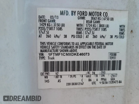 2013 Ford F-150 XL with VIN 1FTMF1CMXDKE46073, listed as a Copart auction lot 52419675 with 99,475 mi miles and Salvage Title. Bid and sale history available at carsss.com. Image 13.