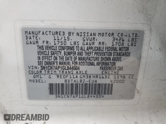 2016 Nissan Versa S с VIN 3N1CN7AP1GL844504, выставлен на аукционе Copart как лот 55383395 с пробегом 108 707 миль миль и Списание • Salvage title. История ставок и продаж доступна на DreamBid. Изображение 12.