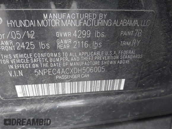 2013 Hyundai Sonata Limited with VIN 5NPEC4ACXDH506005, listed as a IAAI auction lot 41563694 with 154,853 mi miles and . Bid and sale history available at DreamBid. Image 9.