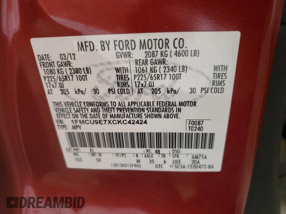 2012 Ford Escape Limited with VIN 1FMCU9E7XCKC42424, listed as a Copart auction lot 60228695 with 157,795 mi miles and Non repairable. Bid and sale history available at DreamBid. Image 12.