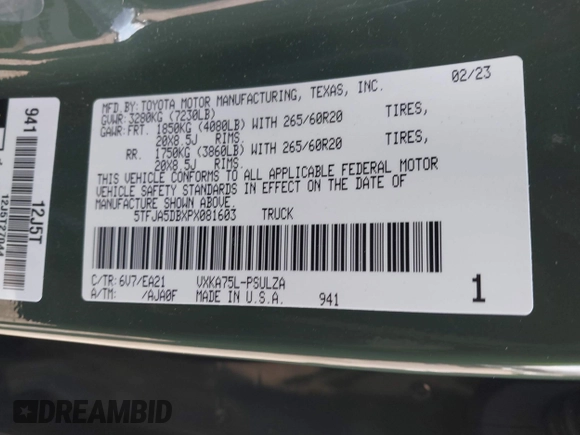 2023 Toyota Tundra Limited with VIN 5TFJA5DBXPX081603, listed as a IAAI auction lot 41293156 with 15,155 mi miles and . Bid and sale history available at DreamBid. Image 9.