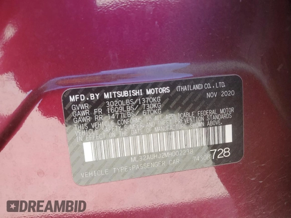 2021 Mitsubishi Mirage ES with VIN ML32AUHJ2MH002238, listed as a Copart auction lot 48550495 with 60,898 mi miles and Salvage title. Bid and sale history available at DreamBid. Image 14.