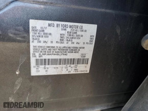 2017 Lincoln MKX Select with VIN 2LMPJ6KP9HBL37642, listed as a Copart auction lot 66244574 with 121,667 mi miles and Salvage Title. Bid and sale history available at carsss.com. Image 13.