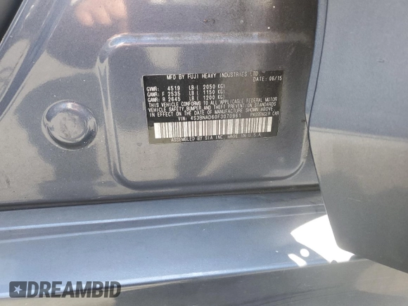2015 Subaru Legacy Premium with VIN 4S3BNAD60F3070961, listed as a Copart auction lot 60510115 with 68,006 mi miles and Salvage title. Bid and sale history available at DreamBid. Image 13.