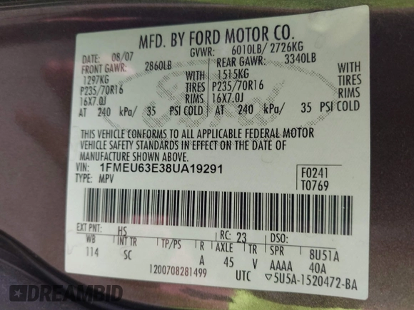 2008 Ford Explorer XLT with VIN 1FMEU63E38UA19291, listed as a IAAI auction lot 42048959 with 227,212 mi miles. Bid and sale history available at carsss.com. Image 9.