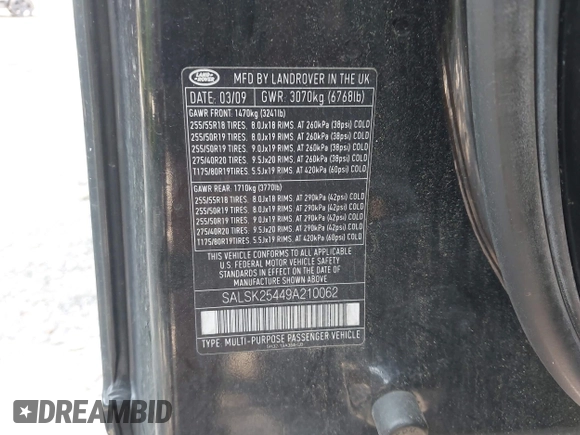 2009 Land Rover Range Rover Sport HSE with VIN SALSK25449A210062, listed as a IAAI auction lot 42578703 with 201,030 mi miles and . Bid and sale history available at DreamBid. Image 9.