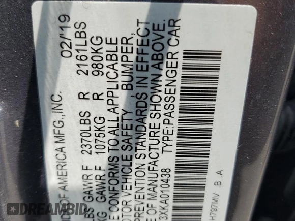 2019 Acura TLX with VIN 19UUB1F3XKA010438, listed as a Copart auction lot 56319025 with 25,081 mi miles and Non repairable. Bid and sale history available at DreamBid. Image 12.
