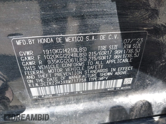 2024 Honda HR-V LX with VIN 3CZRZ2H3XRM717758, listed as a IAAI auction lot 42289023 with 15,972 mi miles and . Bid and sale history available at DreamBid. Image 9.