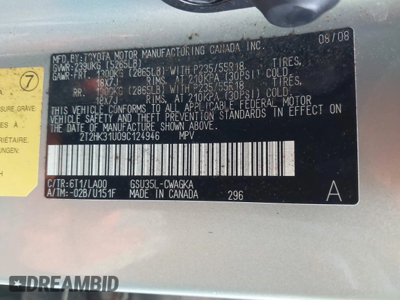 2009 Lexus RX 350 with VIN 2T2HK31U09C124946, listed as a IAAI auction lot 41967407 with 169,288 mi miles and . Bid and sale history available at DreamBid. Image 9.