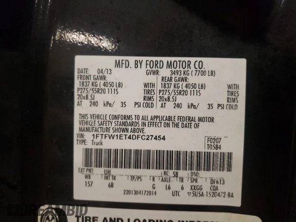 2013 Ford F-150 XL with VIN 1FTFW1ET4DFC27454, listed as a Copart auction lot 55113255 with 210,245 mi miles and Salvage Title. Bid and sale history available at carsss.com. Image 12.