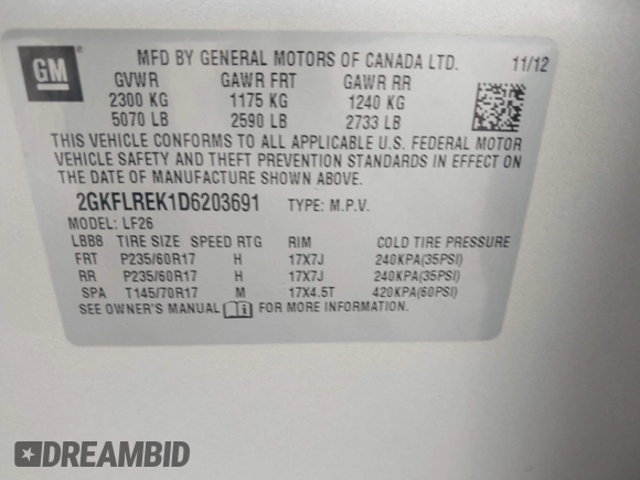 2013 GMC Terrain SLE with VIN 2GKFLREK1D6203691, listed as a IAAI auction lot 41931493 with 157,030 mi miles. Bid and sale history available at carsss.com. Image 9.