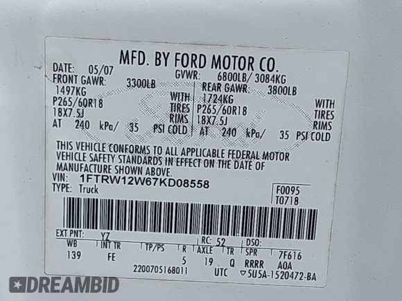 2007 Ford F-150 XLT with VIN 1FTRW12W67KD08558, listed as a IAAI auction lot 42542860 with 168,948 mi miles and . Bid and sale history available at DreamBid. Image 9.