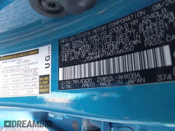 2021 Toyota Prius LE with VIN JTDKAMFP1M3166050, listed as a IAAI auction lot 41831145 with 54,350 mi miles and . Bid and sale history available at DreamBid. Image 9.