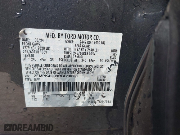 2024 Ford Edge SE z VIN 2FMPK4G99RBB18608, wystawiony jako IAAI lot #42430244 z przebiegiem Nie podano mil oraz . Historia ofert i sprzedaży dostępna na DreamBid. Obrazek 9.