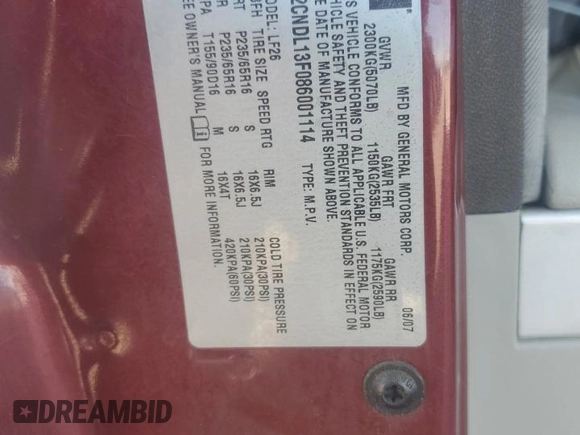 2008 Chevrolet Equinox LS z VIN 2CNDL13F086001114, wystawiony jako Copart lot #58090455 z przebiegiem Nie podano mil oraz Szkoda całkowita • Salvage title. Historia ofert i sprzedaży dostępna na DreamBid. Obrazek 13.